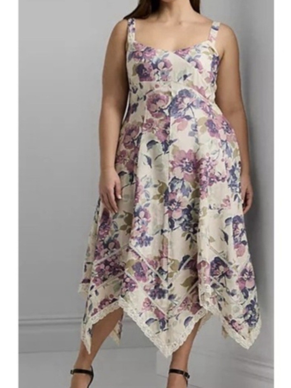 Ralph Lauren Cream Floral High-Low Dress with Pink & Purple Blooms
